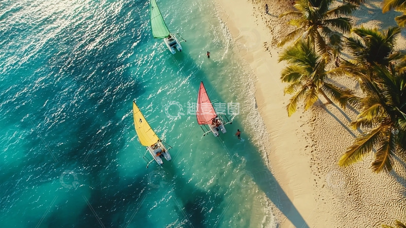 高清大图下载【趣麦麦图】海滩航行彩色帆船