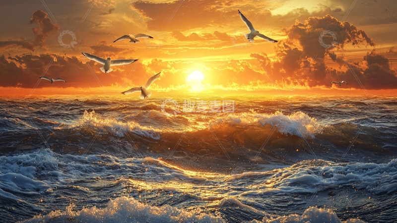 高清大图下载【趣麦麦图】夕阳西下海鸥飞翔
