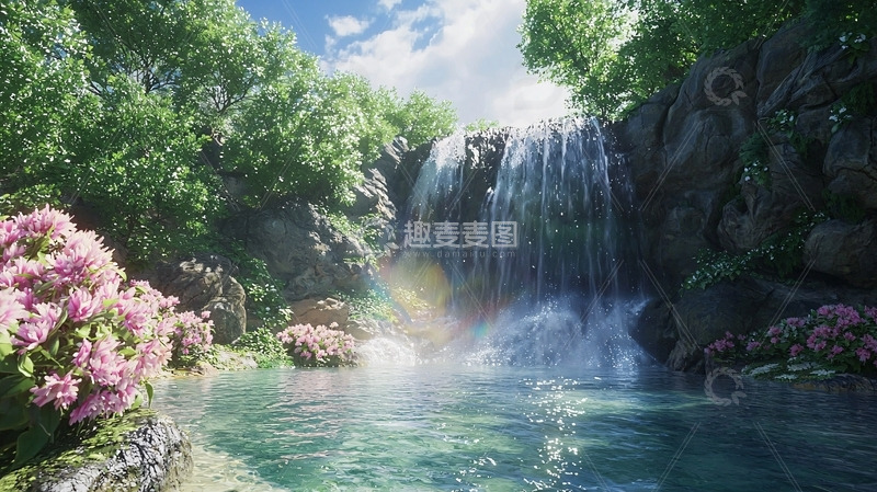 高清大图下载【趣麦麦图】阳光下的瀑布森林