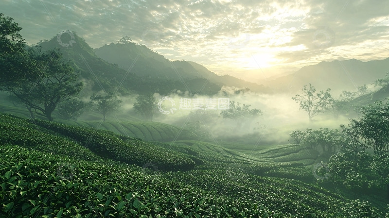 高清大图下载【趣麦麦图】雾气弥漫的茶园日出