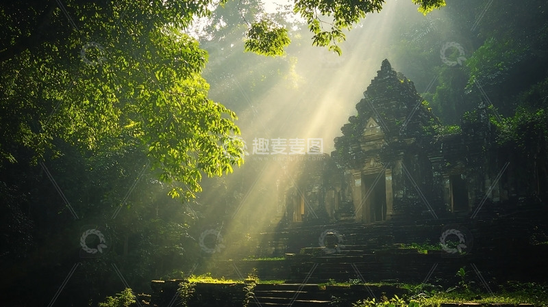 高清大图下载【趣麦麦图】阳光透过树林照射古庙
