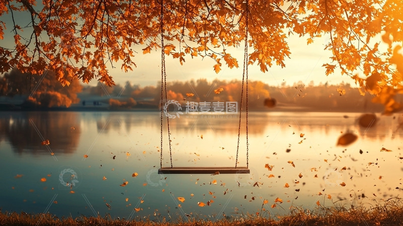 高清大图下载【趣麦麦图】秋日湖边秋千