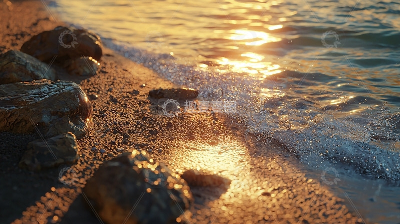 高清大图下载【趣麦麦图】夕阳下的海滩碎石