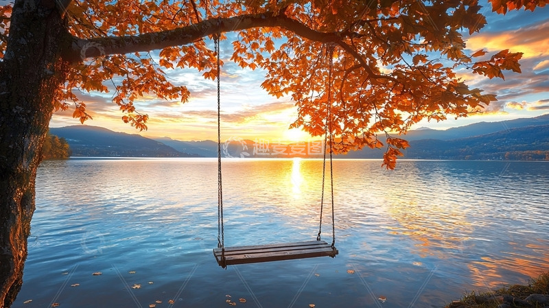高清大图下载【趣麦麦图】秋日湖边秋千黄昏