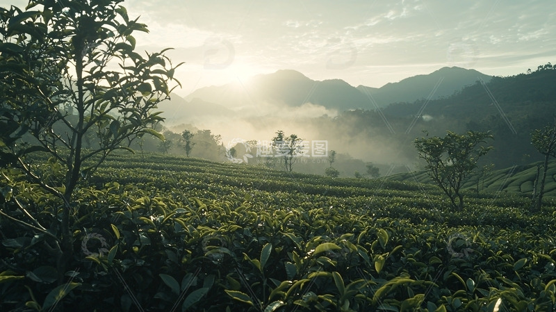 高清大图下载【趣麦麦图】清晨茶园山峦景色