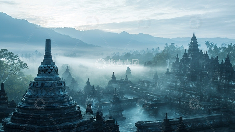 高清大图下载【趣麦麦图】雾气笼罩的古老寺庙