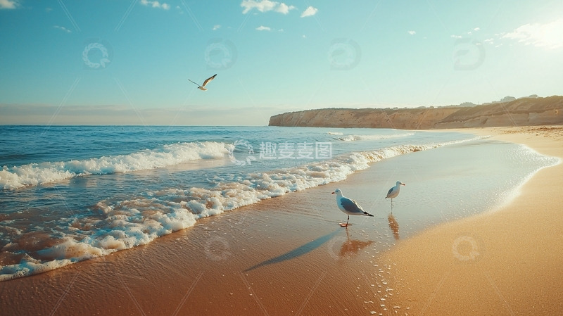 高清大图下载【趣麦麦图】阳光沙滩海鸥海岸