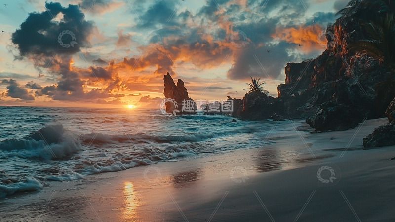 高清大图下载【趣麦麦图】海边日落岩石礁石