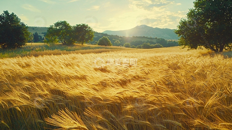 高清大图下载【趣麦麦图】金黄麦田夕阳景色