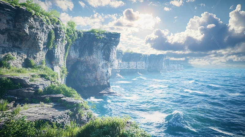 高清大图下载【趣麦麦图】阳光下的海边悬崖