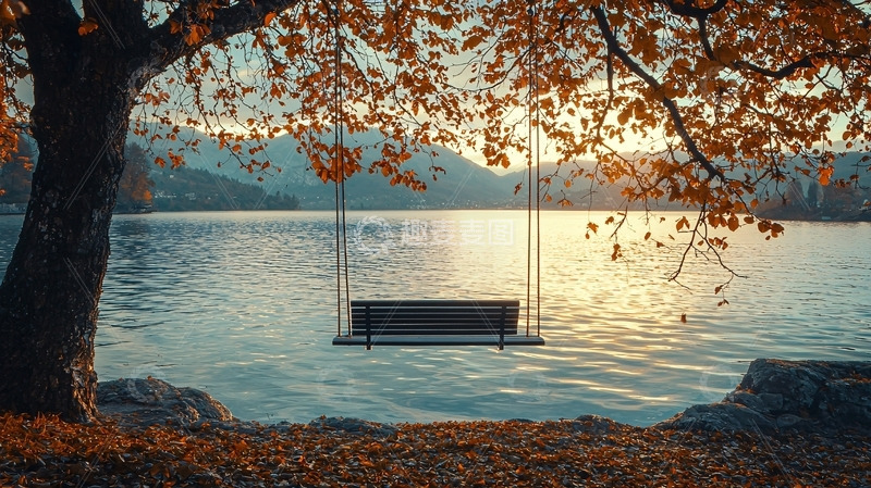 高清大图下载【趣麦麦图】秋日湖边秋千