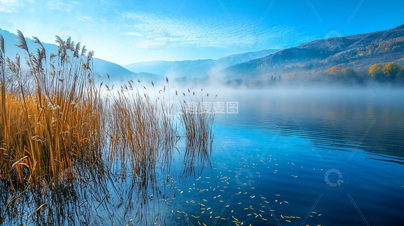 高清大图下载【趣麦麦图】秋日清晨湖边芦苇