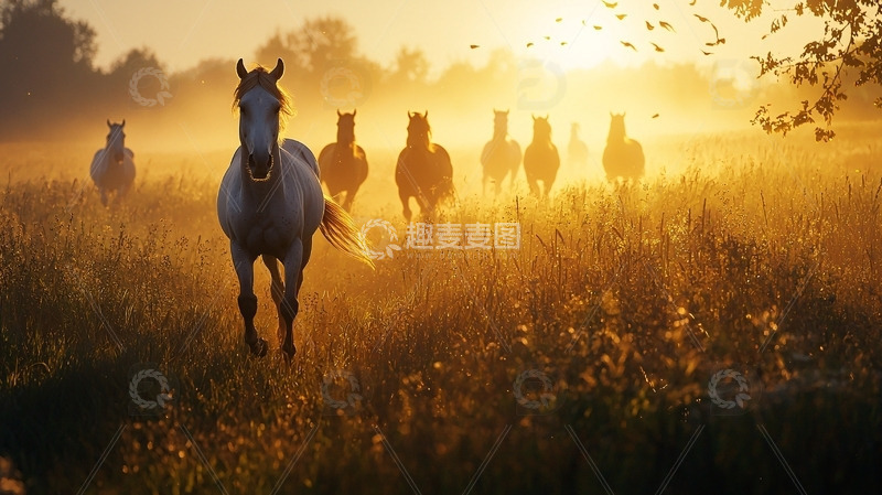 高清大图下载【趣麦麦图】日出草原骏马群