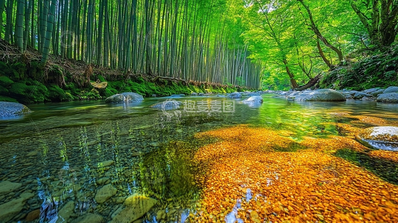 高清大图下载【趣麦麦图】清澈溪流竹林环绕