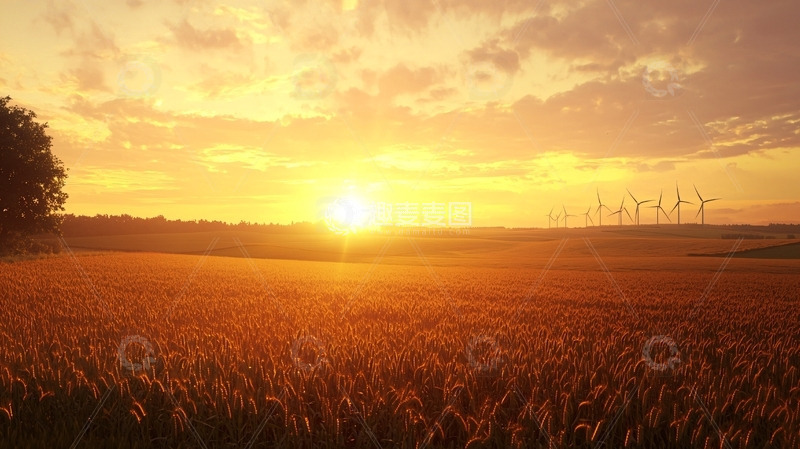 高清大图下载【趣麦麦图】金色的麦田日落