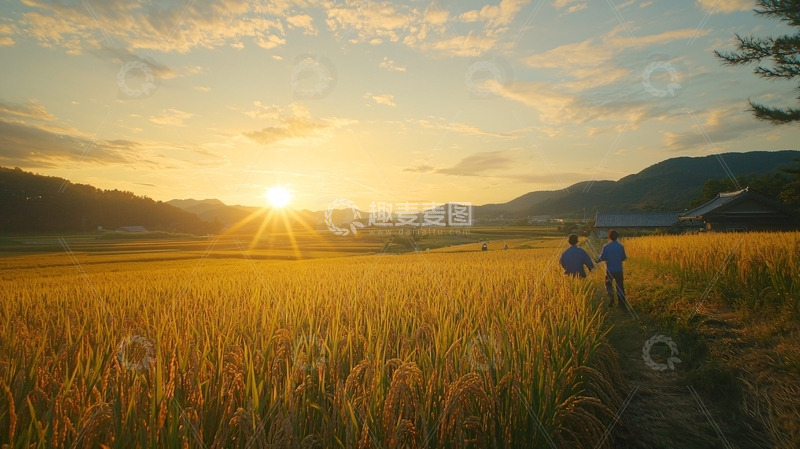 高清大图下载【趣麦麦图】夕阳下金黄稻田情侣