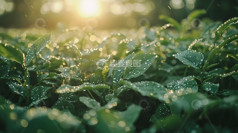 高清大图下载【趣麦麦图】清晨阳光茶叶露珠