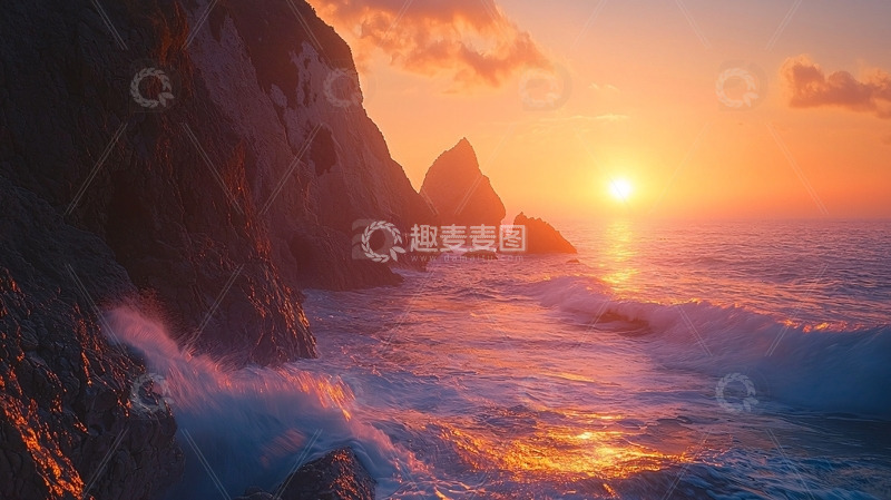 高清大图下载【趣麦麦图】日落海边岩石浪花