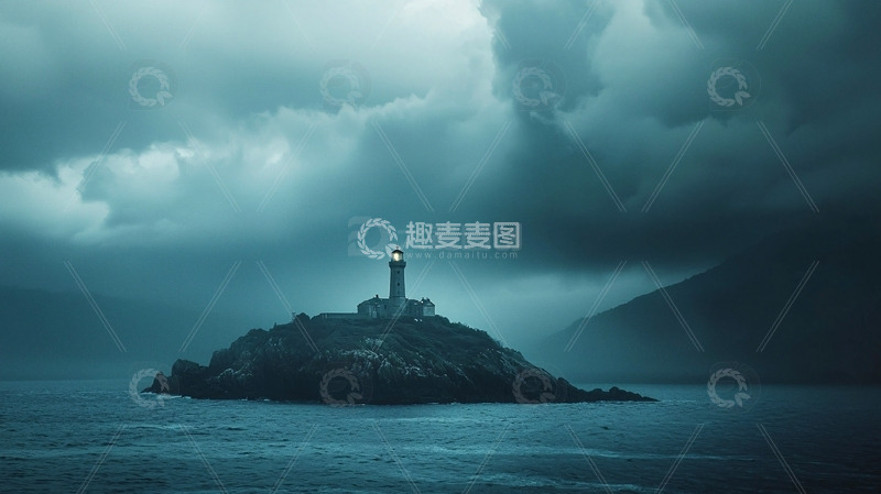 高清大图下载【趣麦麦图】暴风雨中的孤岛灯塔