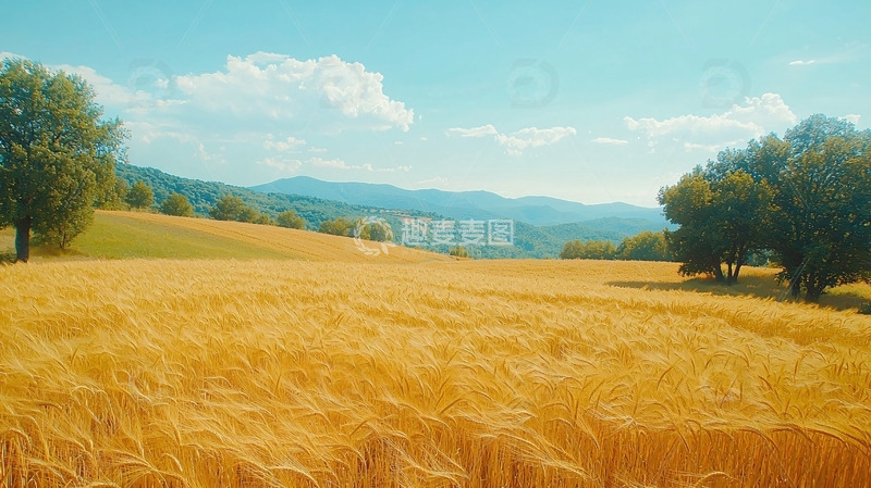 高清大图下载【趣麦麦图】金黄麦田山峦景色