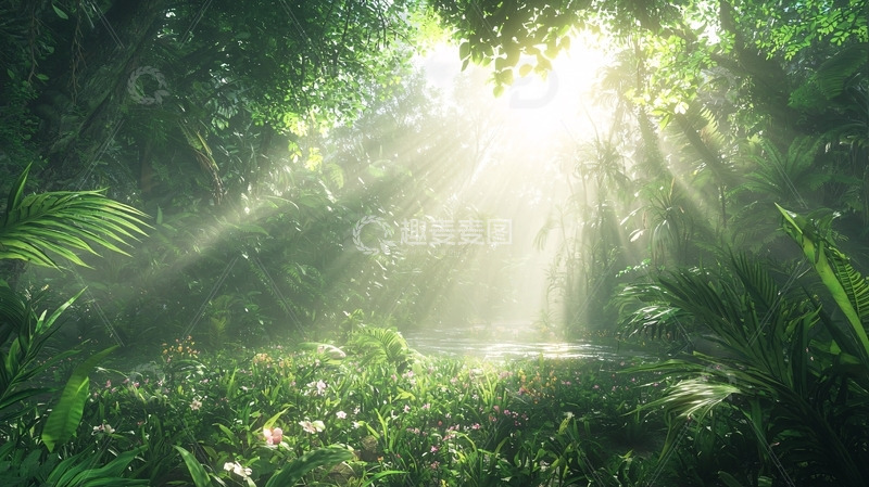 高清大图下载【趣麦麦图】阳光透过雨林