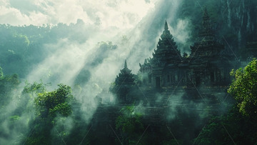 雾气缭绕的山间古寺