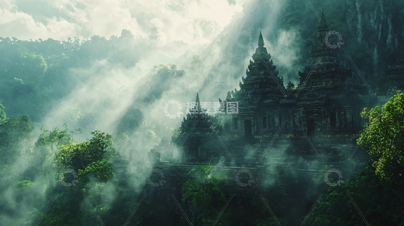 高清大图下载【趣麦麦图】雾气缭绕的山间古寺