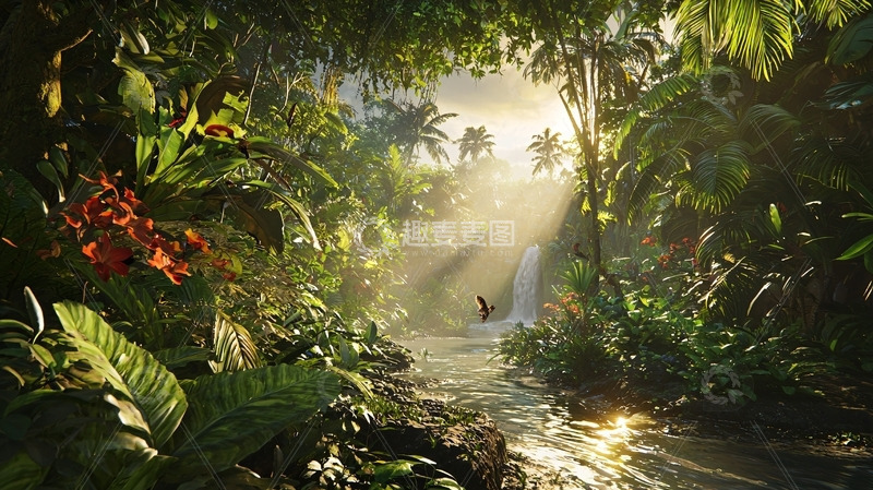 高清大图下载【趣麦麦图】热带雨林瀑布阳光森林