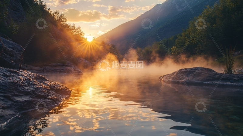 高清大图下载【趣麦麦图】山谷日落雾气河流