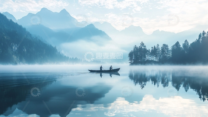 高清大图下载【趣麦麦图】清晨薄雾山间湖泊