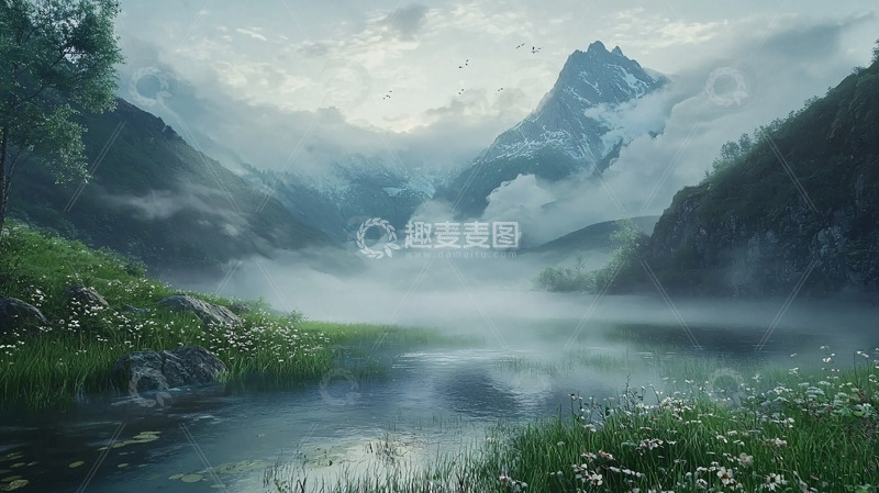 高清大图下载【趣麦麦图】山峰云雾缭绕的湖边风景