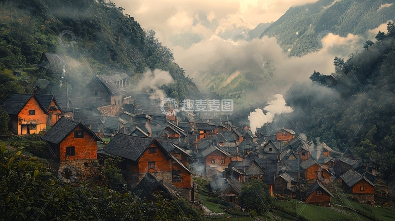 高清大图下载【趣麦麦图】山间云雾缭绕的村庄