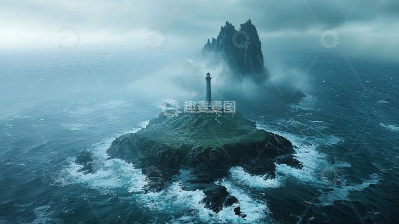 高清大图下载【趣麦麦图】暴风雨中的孤岛灯塔