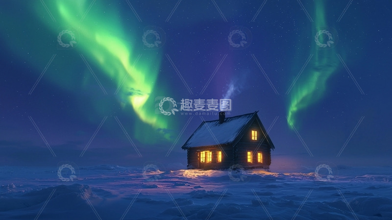 高清大图下载【趣麦麦图】极光下的雪夜小屋