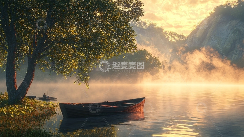 高清大图下载【趣麦麦图】清晨雾气湖边小船