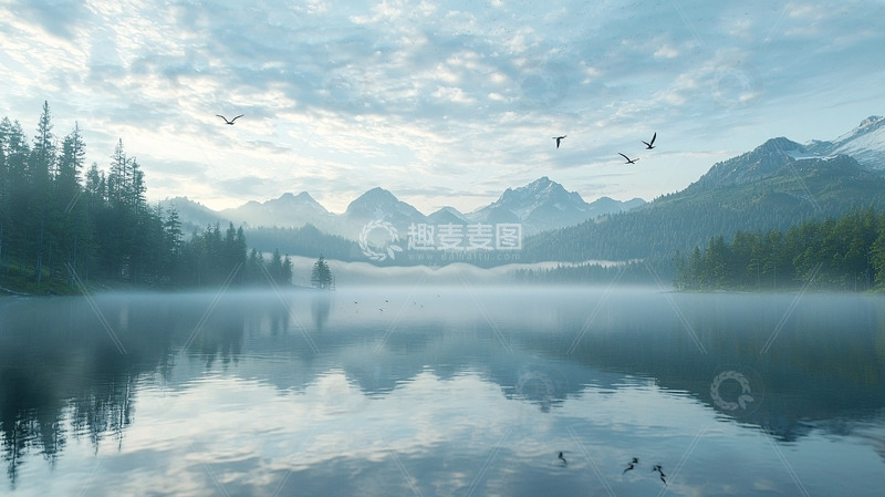 高清大图下载【趣麦麦图】清晨薄雾山湖倒影
