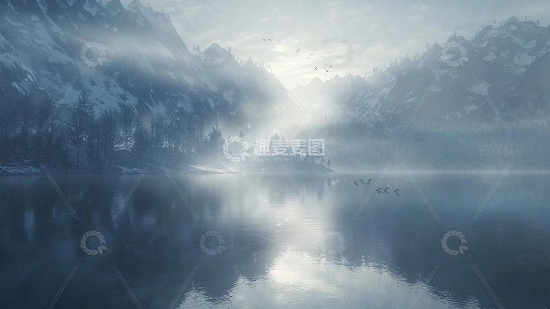 高清大图下载【趣麦麦图】雾气弥漫的山湖景色