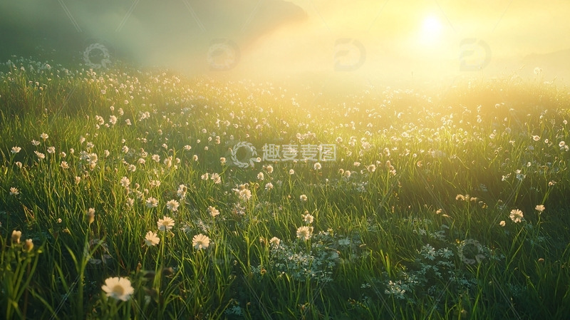 高清大图下载【趣麦麦图】清晨阳光下的蒲公英花海