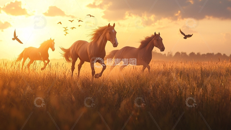 高清大图下载【趣麦麦图】日落草原奔腾骏马