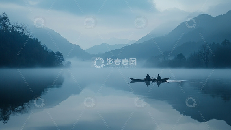 高清大图下载【趣麦麦图】清晨薄雾山湖泛舟