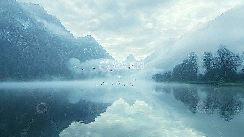 高清大图下载【趣麦麦图】雾气缭绕的山谷湖泊