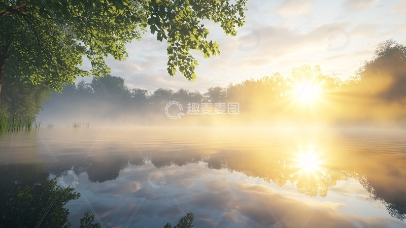高清大图下载【趣麦麦图】清晨湖面雾气阳光