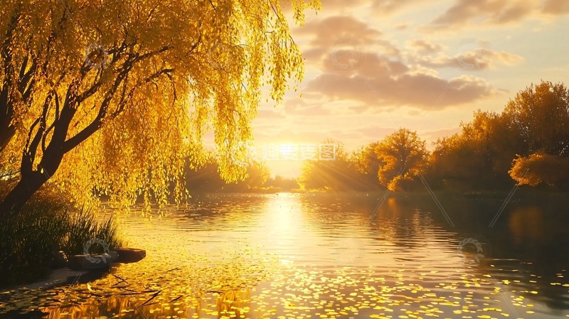 高清大图下载【趣麦麦图】秋日夕阳下的垂柳河景