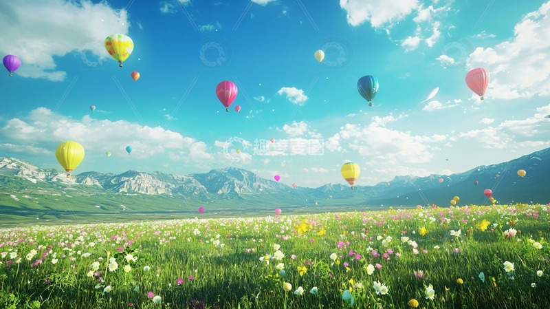 高清大图下载【趣麦麦图】热气球飞过鲜花盛开的田野