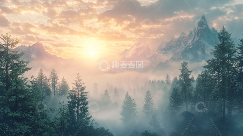 高清大图下载【趣麦麦图】雾气弥漫的日出山峰