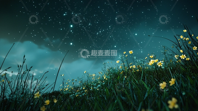 高清大图下载【趣麦麦图】夜色下的萤火虫与野花
