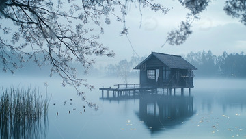 雾气朦胧湖边小屋