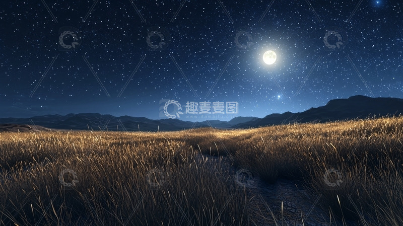 高清大图下载【趣麦麦图】月夜下的金色草原