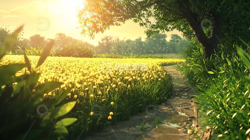 高清大图下载【趣麦麦图】阳光洒满金黄花田小路