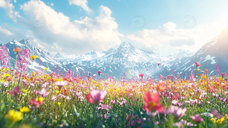 高清大图下载【趣麦麦图】彩色花海雪山背景